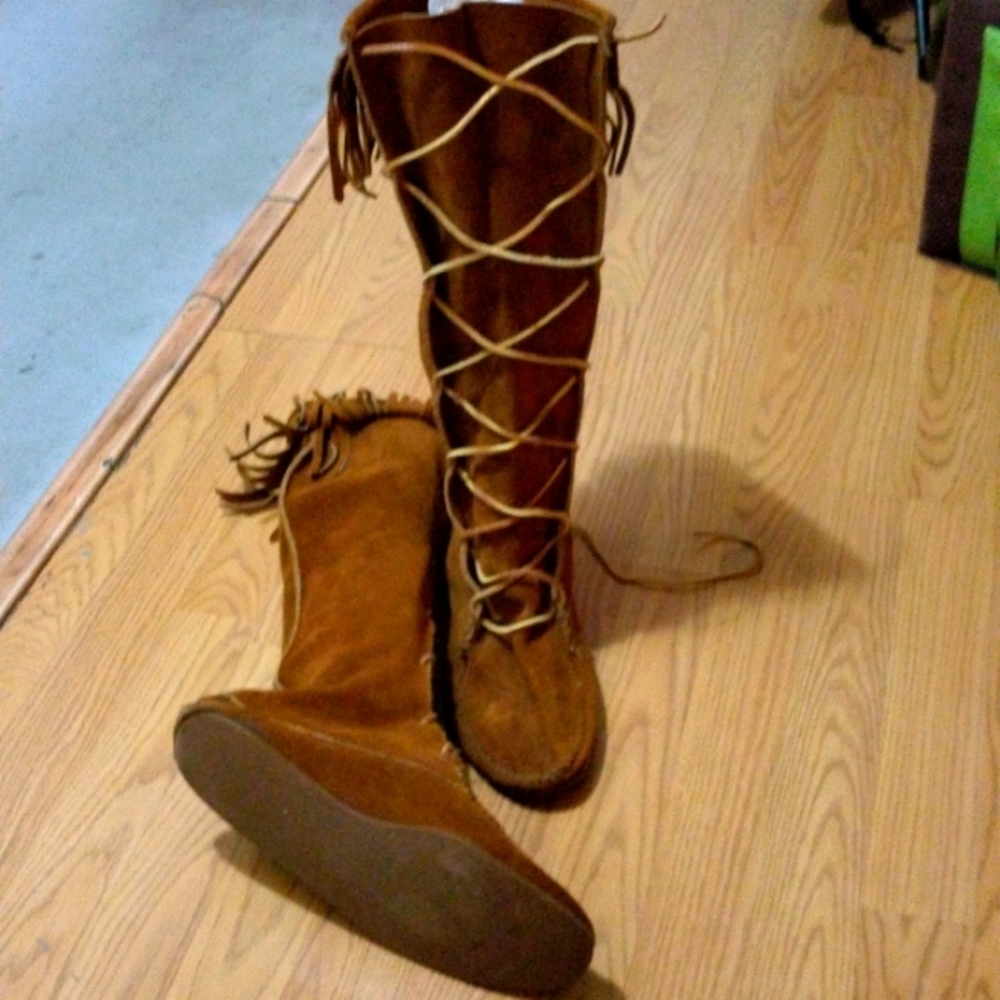 Knee high leather moccasins size 10 1/2